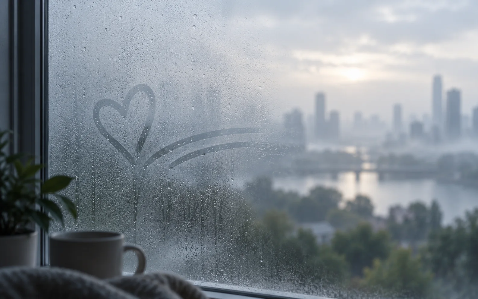 A fogged window with a finger-drawn heart